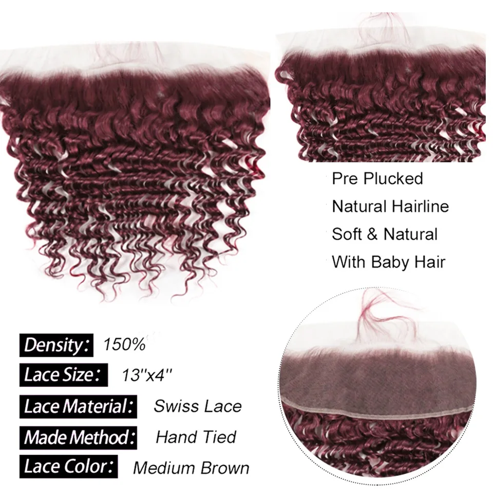 #99j Burg Color Brazilian Deep Wave 3/4 Hair Bundles with HD Transparent Lace Closure Remy Human Hair Bundles with Lace Frontal