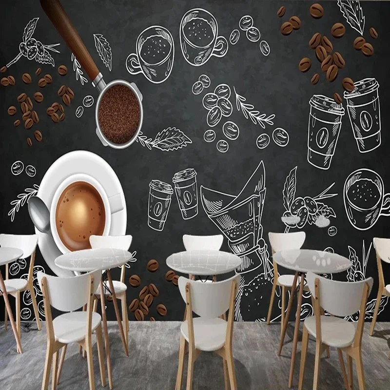 Personalizado 3d Foto Moer Grãos de Café Pintura da Parede Quadro Negro Mural Papel de Parede para Café Restaurante Bar Bebida Fundo Decoração