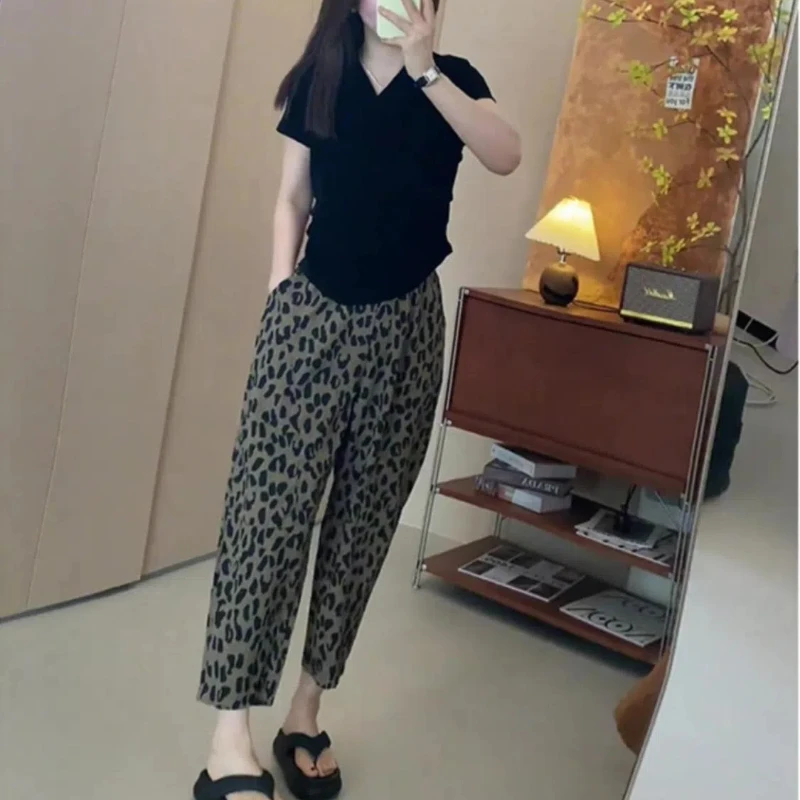 Summer Women's 2024 New Spliced Elasticized High-waisted Pocket Printing Leopard Fashion Comfortable Loose Casual Harlan Pants