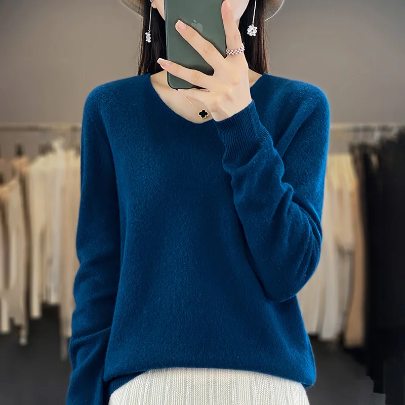 thumbnail image 1 of Suéter de lana merino 100 % para mujer, jersey básico con cuello en V, ropa de cachemira para otoño e invierno, prendas de punto suaves de manga larga, color liso, 1 of 5