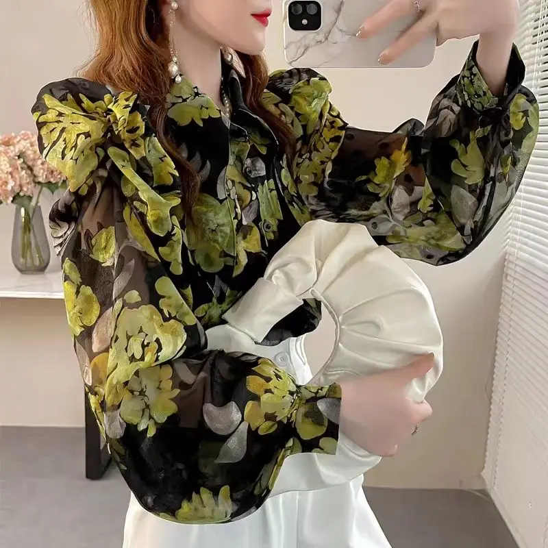 Women's Spring Autumn New Fashion Elegant V-Neck Long Sleeve Fragmented Blouse Casual Baidu Foreigner Commuter Comfortable Tops