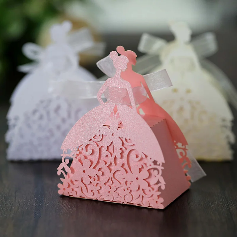 Laser Cut Pearl Paper Gift Boxes with Ribbon – Elegant Candy Chocolate Packaging for We... - SKU GBR17058 - UGI Packaging