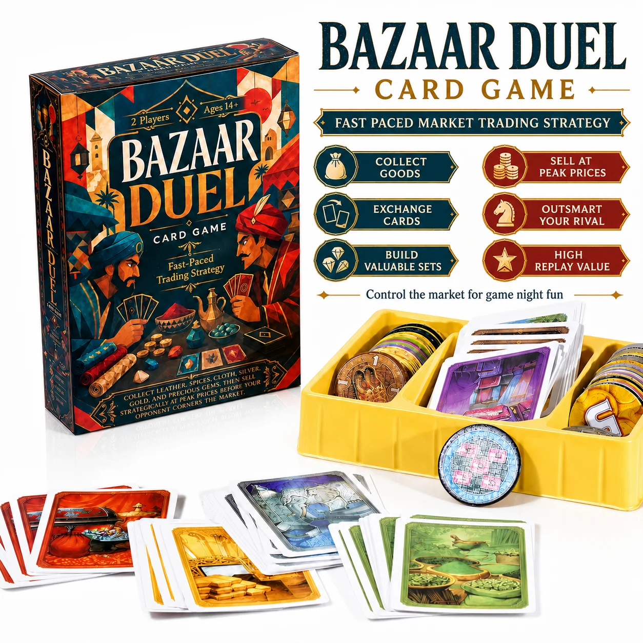 Bazaar Duel Card Game: Fast-Paced Market Trading Strategy Board Game with Leather, Spices, Silver, and Gems