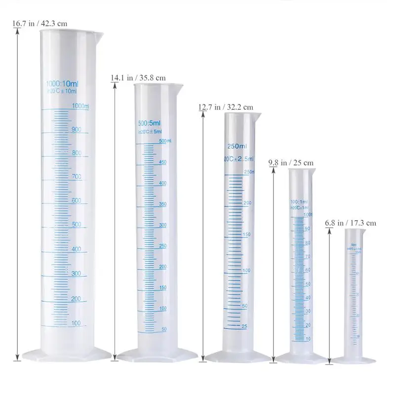 5pcs Transparent Measuring Plastic Graduated Cylinder Plastic Test Liquid Tube Lab Tool 50ml / 100ml / 250ml / 500ml / 1000ml