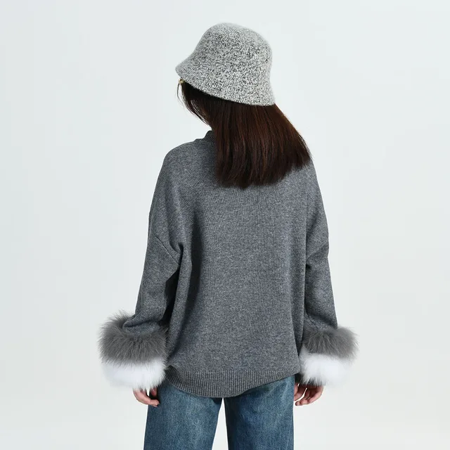 Knit Sweater Fox Fur Cuff Sweatshirt With Fur Sleeves Jxwatcher