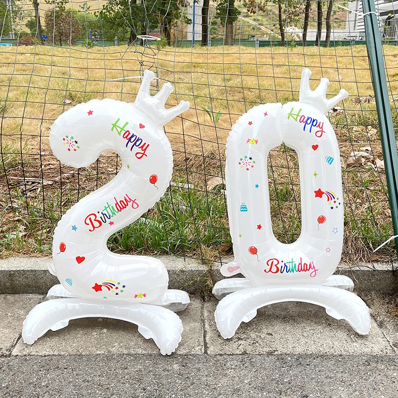 

32Inch White Number Stand Foil Balloon with Crown Kids 1-9 Birthday Party Decoration Boy Girl Baby Show Digital Balloons