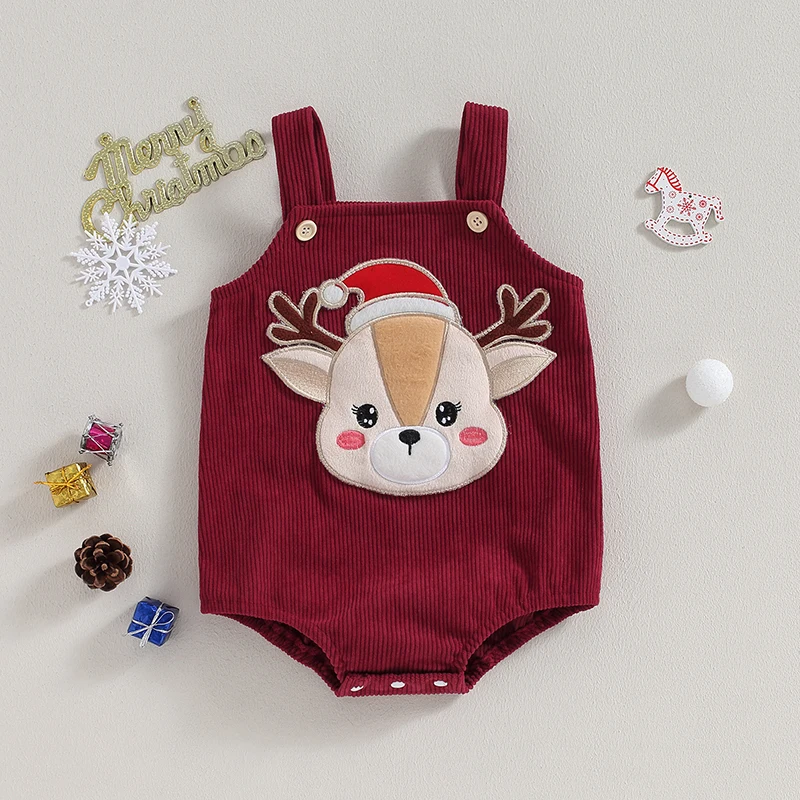 

Suefunskry Cute Baby Corduroy Romper Infant Christmas Elk Embroidery Sleeveless Bodysuit Newborn Jumpsuits for Winter 0-18Months