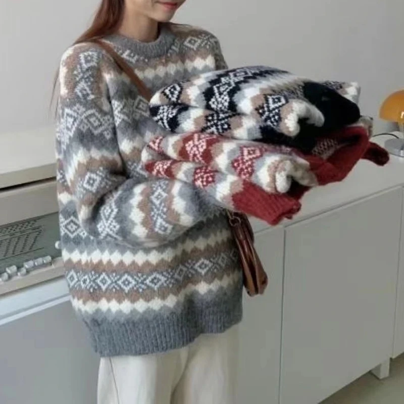 

Винтажные вязаные свитера GIDYQ, женские осенне-зимние утепленные пуловеры с круглым вырезом, корейские свободные повседневные топы в стиле преппи для ленивых