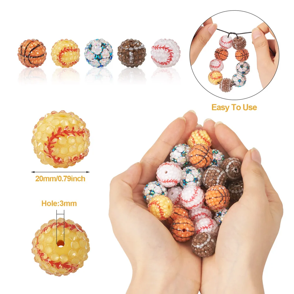 30Pcs Sport Resin Rhinestone Beads Basketball Football Baseball Round Loose Spacer Chunky Beads Charms for Jewelry Making 20mm