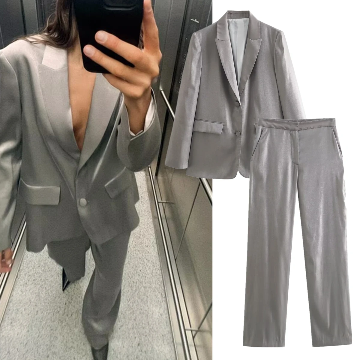 

Dave&Di 2024 New Fashion Blogger Minimalism Suits Silver Color Casual Blazers Women Suits Pants Two Pieces Sets Women