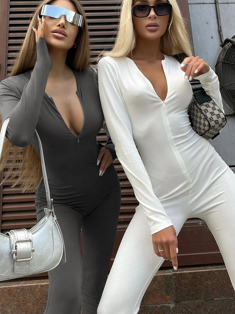 Sibybo Stylish Women's Romper Solid Color Slim-fit Long-sleeved Jumpsuit Fall O-neck Zip-up Hip Lift Pants Women's Clothing