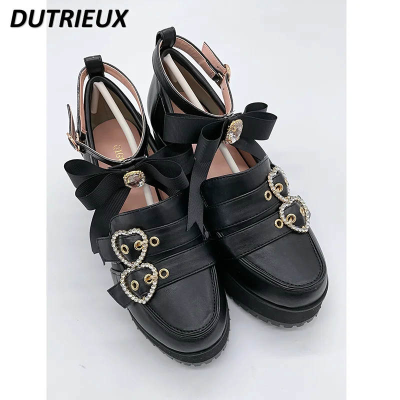 Japanese Heart Rhinestone Buckle Round Head Chunky Heels Women's 2023 Spring and Autumn High Heel Shoes Patent Leather Pump