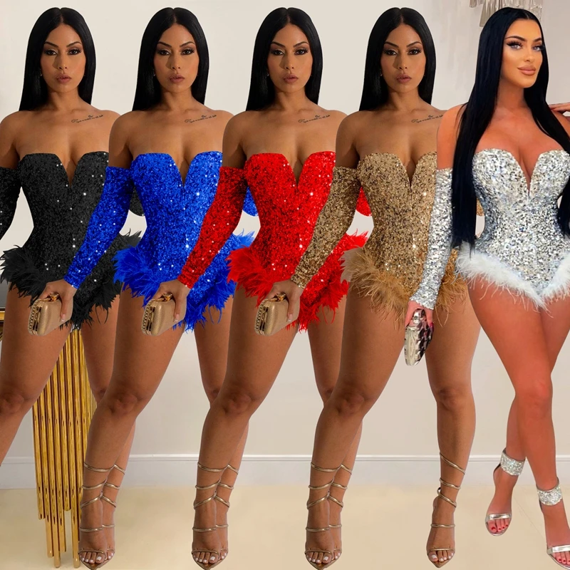 

Vintage Women Sequined Fur Hem Splicing Plunging V-neck Off Shoulder Long Sleeve Sexy Party Evening Club Bodysuit Tops Rompers