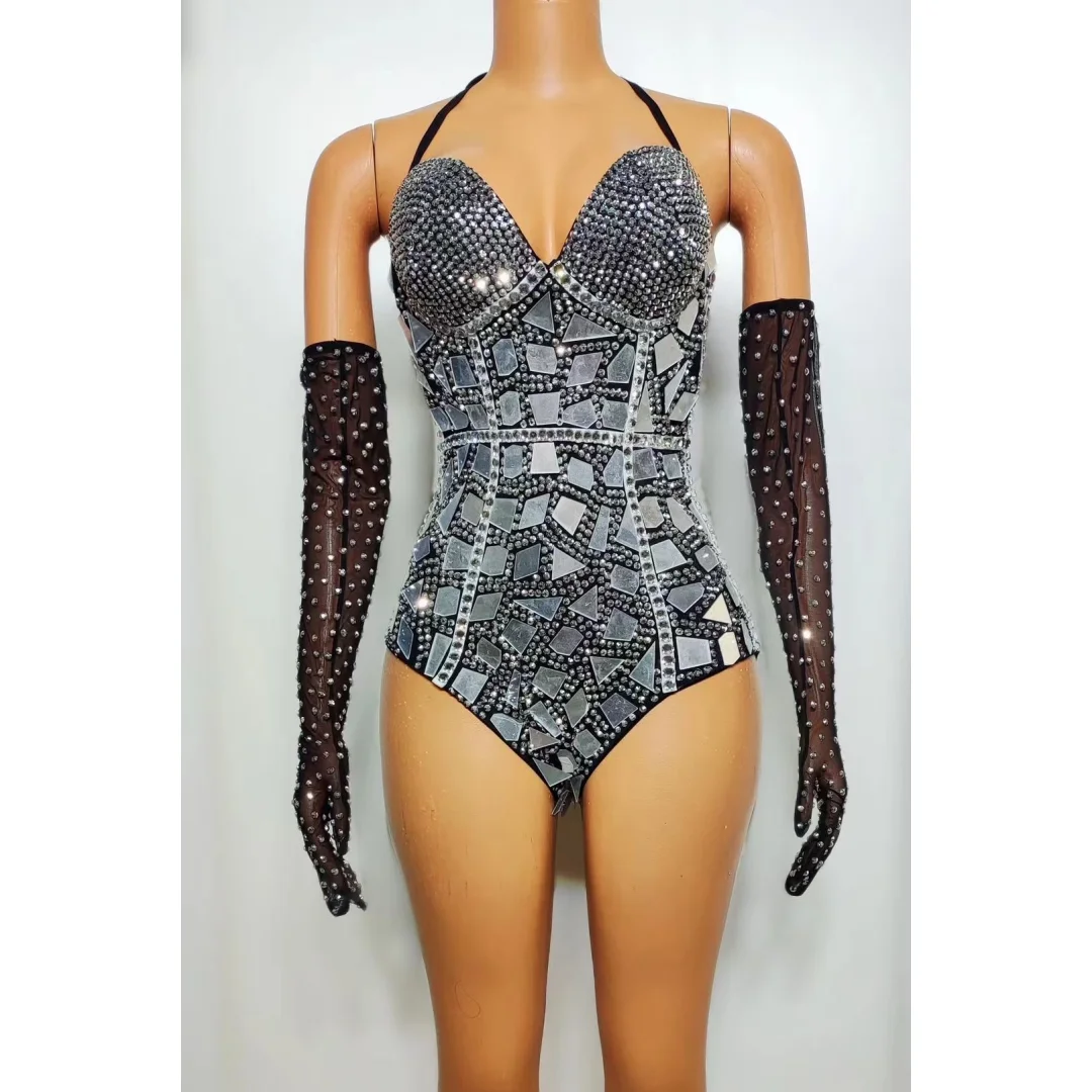 

Sparkly Rhinestones Mesh Bodysuit Women Sequin Bodysuit Stage Dance Costume Nightclub Bar Party Celebrate Birthday Evening Dress