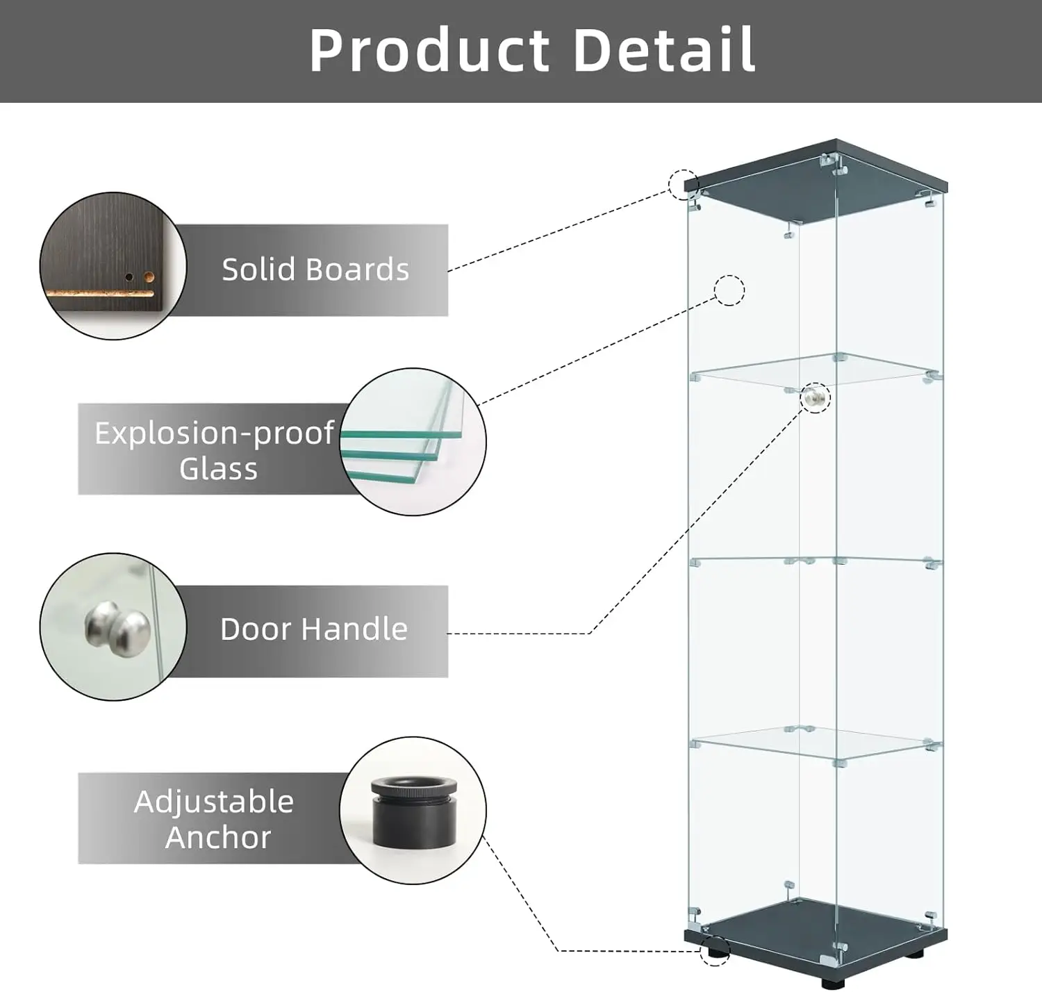 Description Picture 4 of itemGlass Display Cabinet 4-Shelf With Door and Lock Cabinets for Living Room Furniture Living Room 64”x 17”x 14” White Showcase