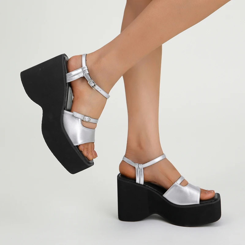 

10cm Wedge Heels Woman Silver Platform Heels Sandals Belt Belt Buckle Summer Shoes Black Wedges Sandalias Mujer Comodas