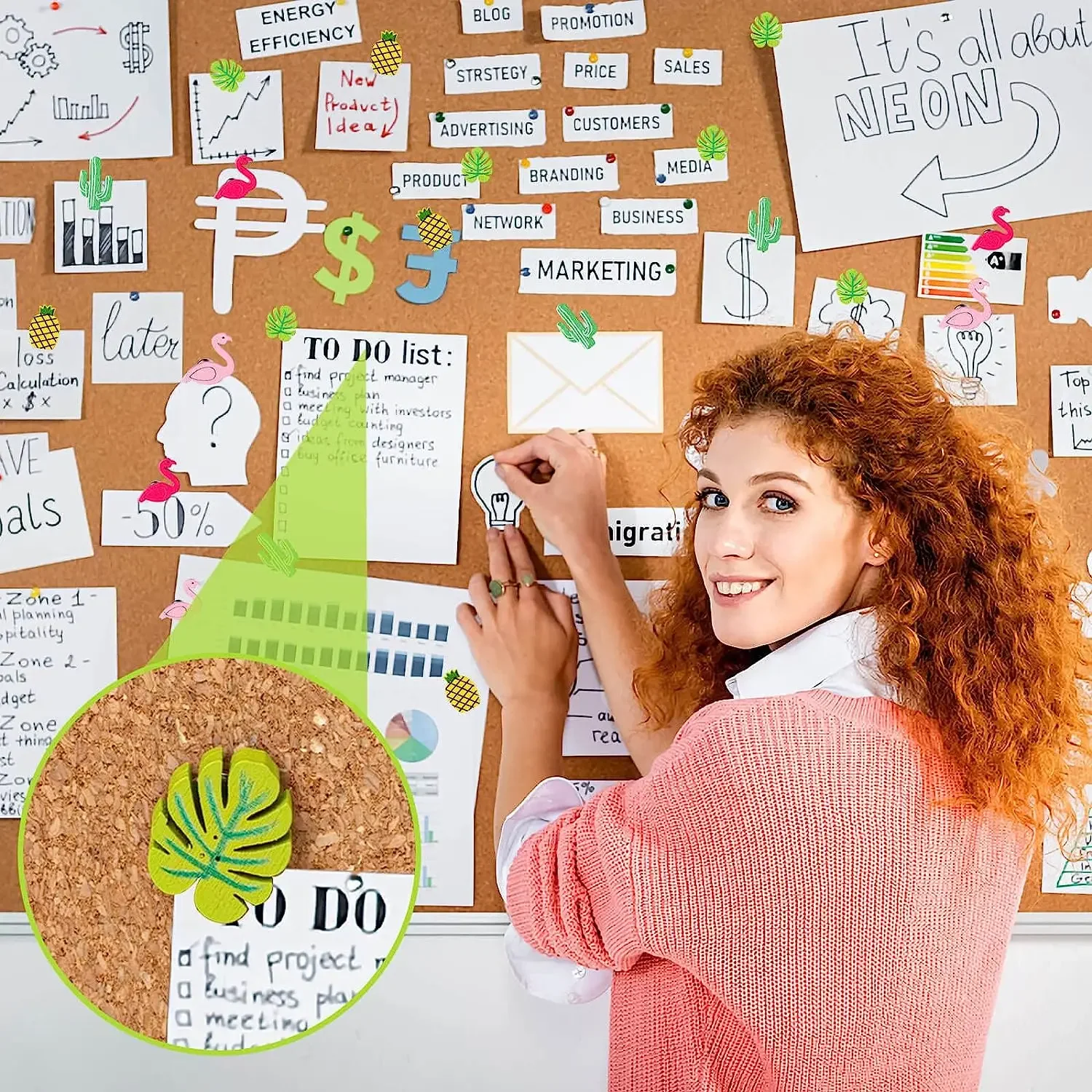 30 Stück Hölzerne Reißzwecken – Niedliche Motive (Flamingo, Ananas, Kaktus)