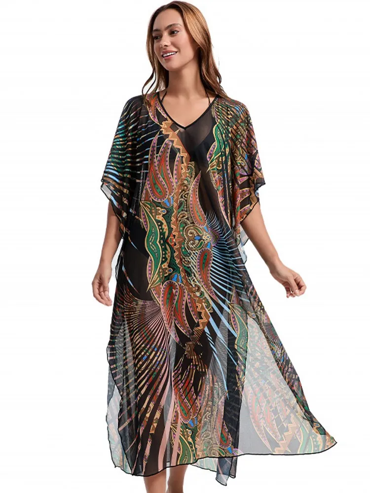 Summer Cover Ups Women Swimsuit Half Sleeve Robes Bathing Suit 2026 New Print Beach Holiday Leopard Mesh Midi Dresses Cover-Up 1