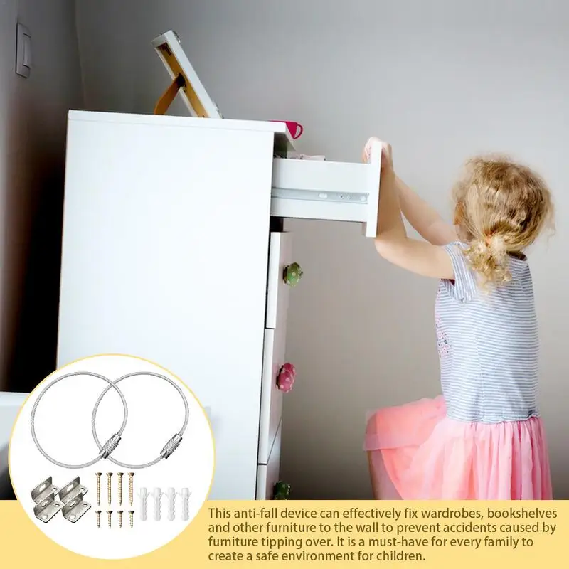 Furniture Anti-Tip Kit 2PCS Adjustable Child Secure Wall Straps Stainless Steel Dresser Wall Safety Anchor Sturdy Metal