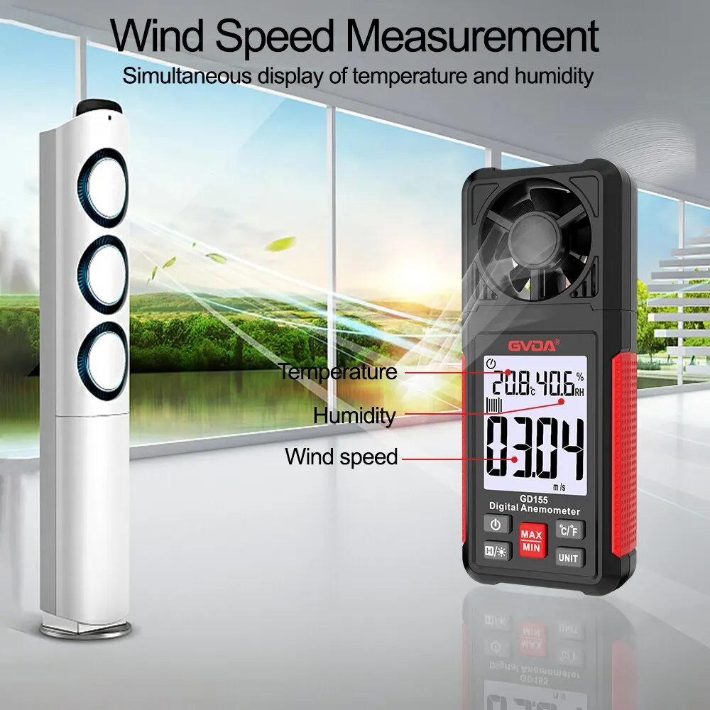 Digital Anemometer GVDA Handheld Wind Speed Meter GD155 Measuring Wind Speed Temperature Chill Backlight LCD