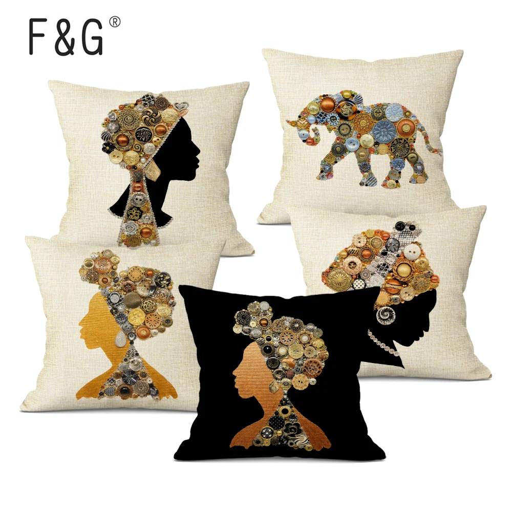 

African Lady Art Print Cushion Cover, Tribal Elephant Decorative Pillow Case, Linen Pillowcase for Sofa, Home Decor