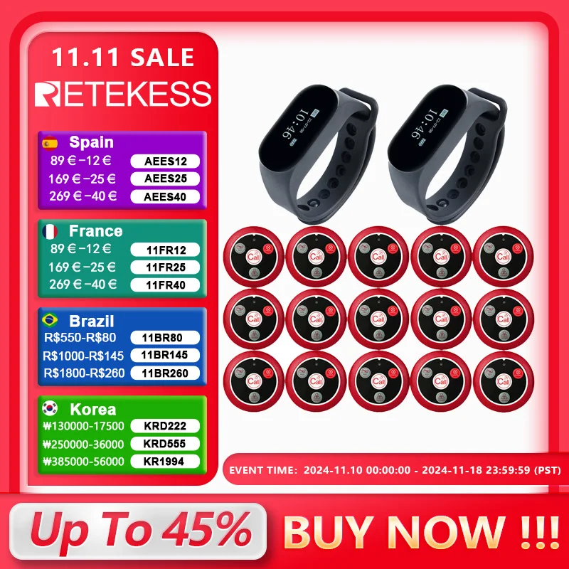 Wireless Calling System RETEKESS Restaurant Pager Waterproof Watch Pager Receiver T117 Call Buttons For Cafe Bar