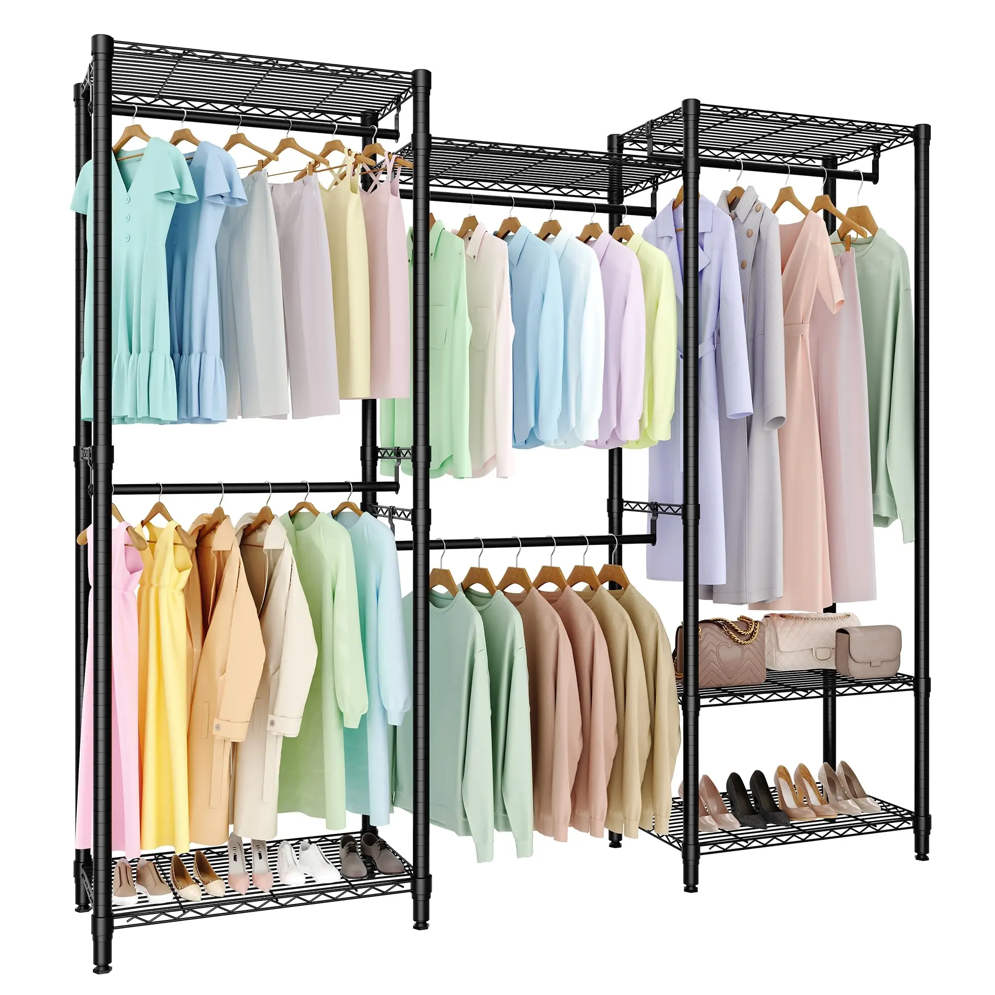 4-Tier Heavy Duty Clothes Rack, 1430LBS Load, Sturdy Metal Garment Rack with Wire Shelves, Multi-Functional Wardrobe Closet