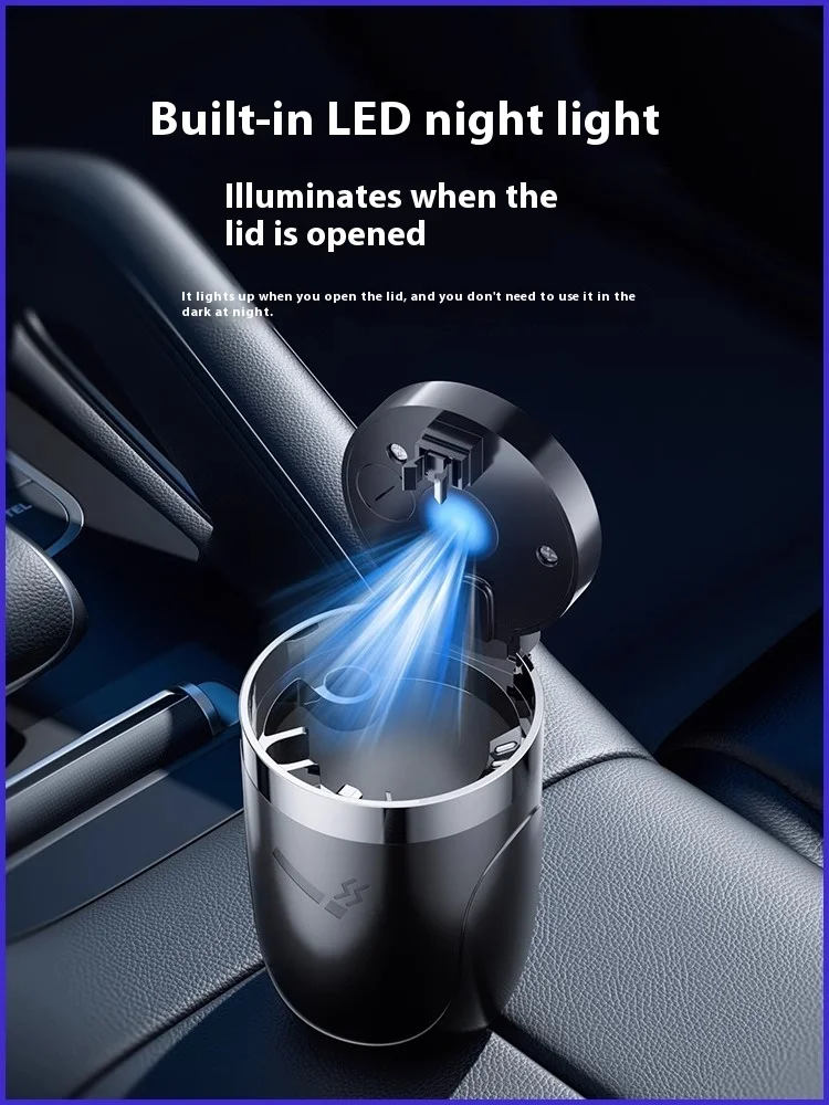 Car Ashtray Car on-board ashtray multi-functional with lid LED with light metal interior Odor-resistant One Touch Open portable