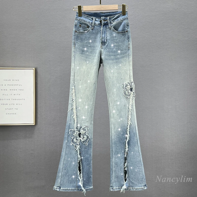 hot-rhinestone-split-denim-boot-cut-pants-women's-thin-2024-new-summer-high-waist-slim-slimming-national-style-lengthened-jeans