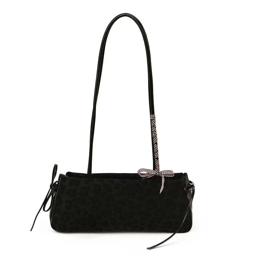 Shopping Sweet French Stick Handbag Bow Ribbon Korean Style Leopard Print Underarm Bags Waterproof Texture PU Shoulder Bag Women 8