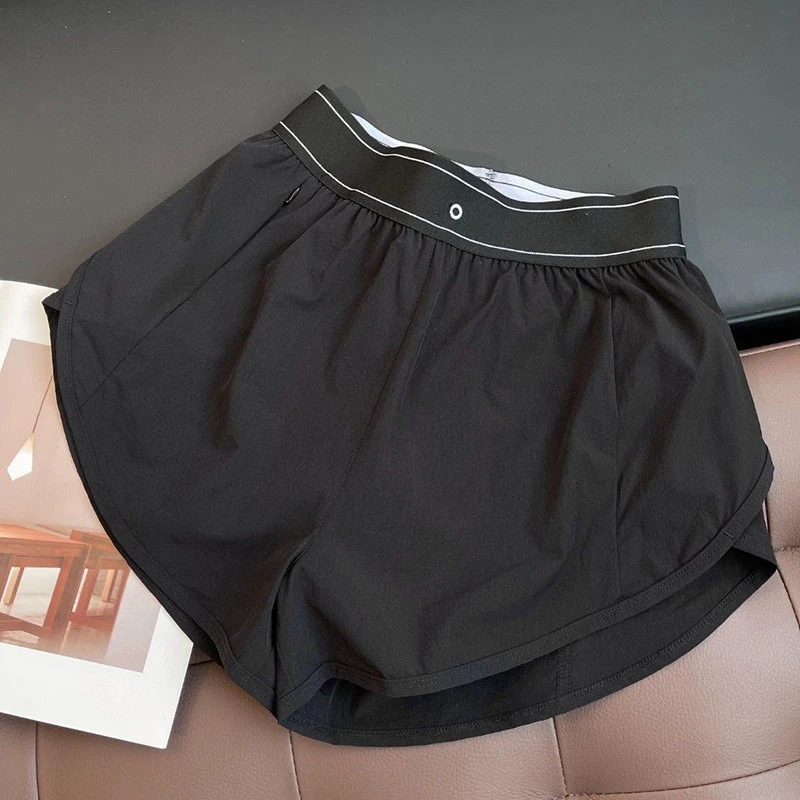 Summer New Casual Shorts Elastic High Waisted Running Women's Sports Shorts Black Loose Quick Drying Breathable Wide Leg Shorts 3