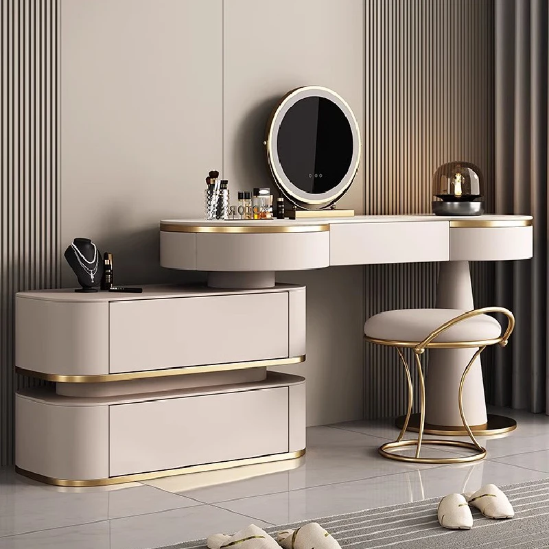 

Vanity Wood Drawers Desk Light Mirror Storage Luxury Multifunction Modern Dressing Table Drawers Girls Bedroom Furnitures