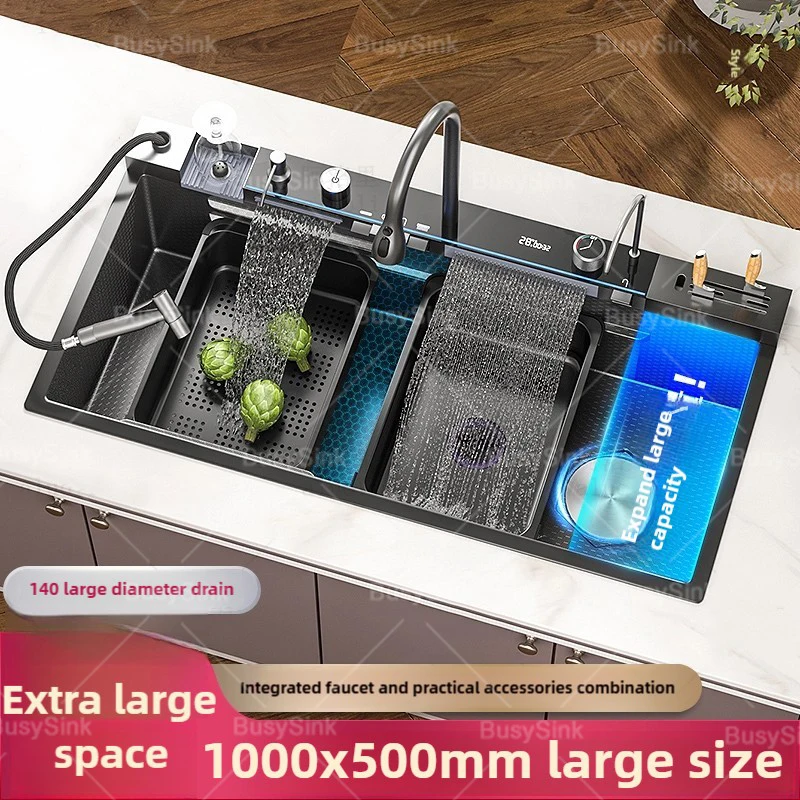 Stainless Steel Waterfall Kitchen Sink Large Single Bowl Golden Digital Display Dishwashing Sinks Apartments