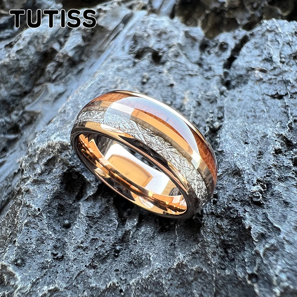 TUTISS 8mm Men's and Women's Wedding Tungsten Ring with Double Slots Inlaid with Redwood and Meteorite for Comfortable Fit