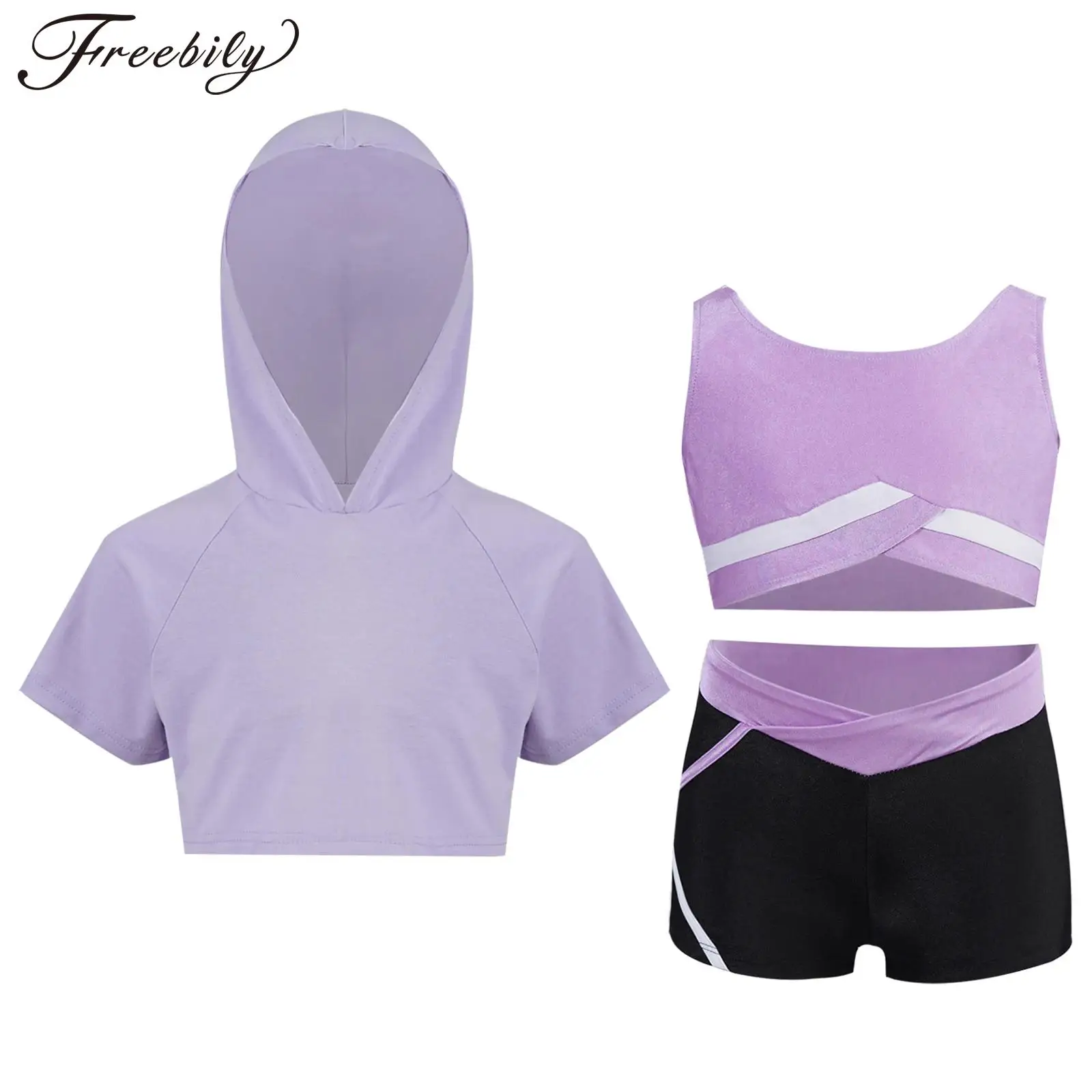 

Kids Girls Sports Set Tracksuit Short Sleeve Crop Hoodie Sleeveless Vest Shorts Workout Fitness Suits Children's Ballet Outfits