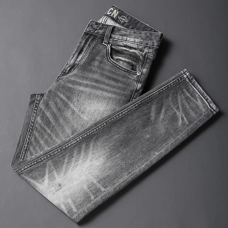 Fashion Designer Men Jeans High Quality Retro Black Gray Elastic Slim Fit Ripped Jeans Men Trousers Vintage Casual Denim Pants