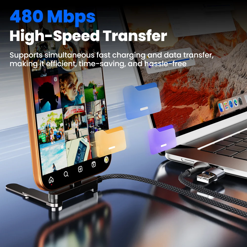 65W 2 in 1 USB A/타입-C to USB C 고속 충전 접이식 브래킷 데이터 케이블 3단 접이식 데스크 홀더 충전 케이블 (아이폰15-17, 삼성용)