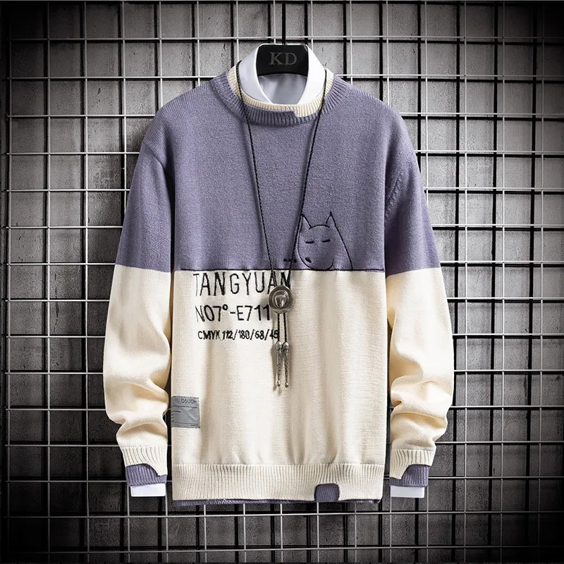 

Hip Hop Men Sweater Streetwear Harajuku Vintage Japanese Style Patchwork Cute Knitted Sweater Winter Casual Pullover Knitwears