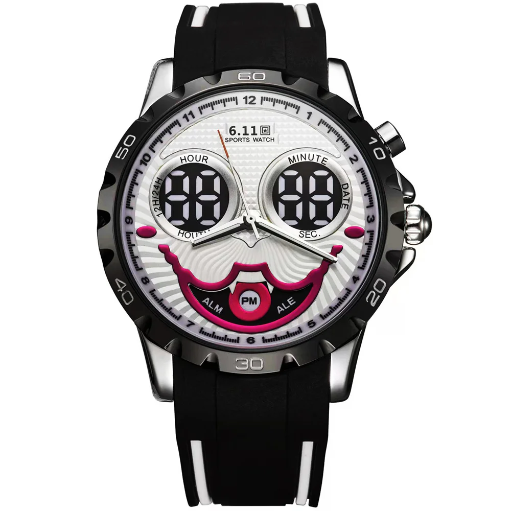 New Cool Joker Digital Watch for Men Waterproof Electronic LED Blue Light Dual Display Watches Clown Dial Mens Sports Watch Gift
