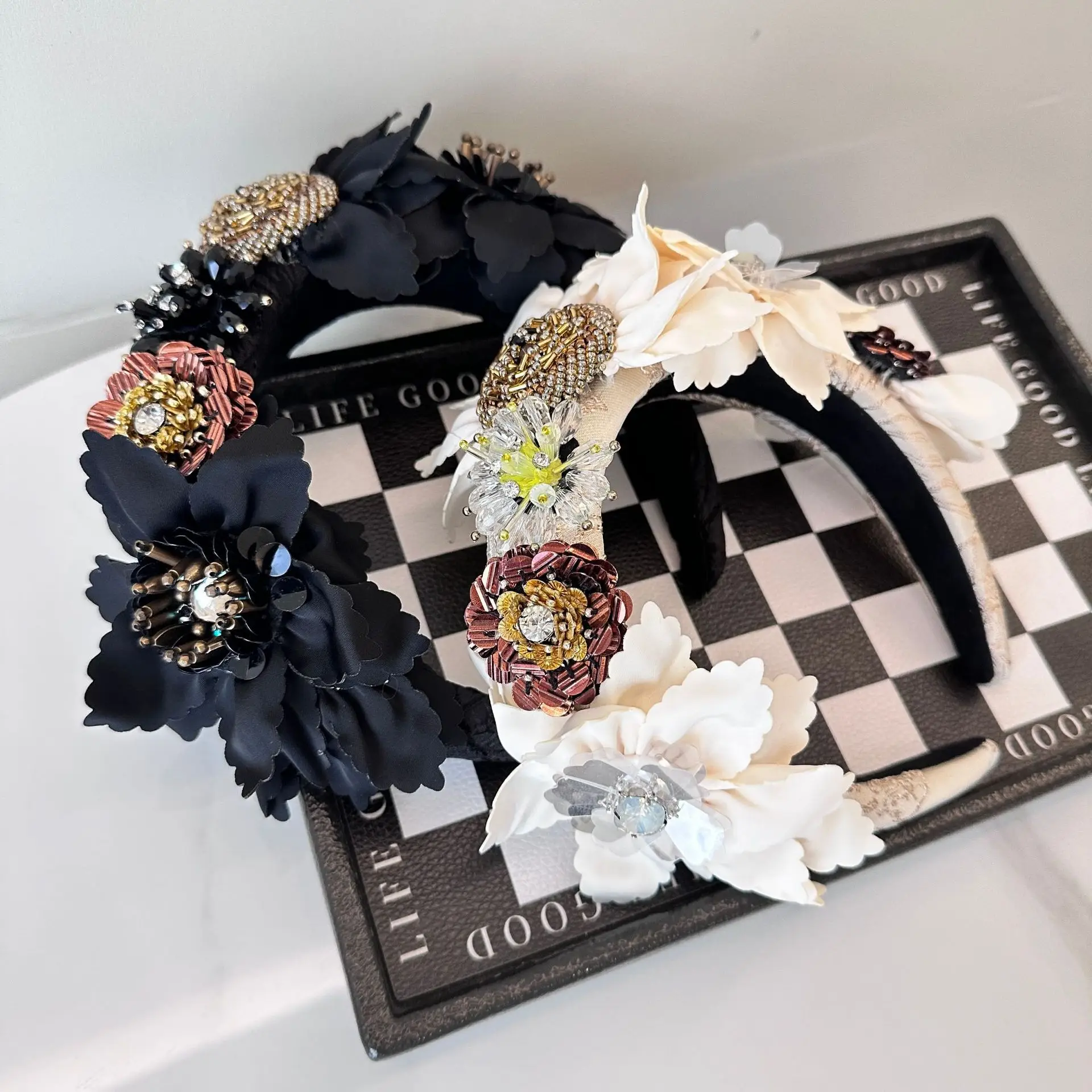 Black and Gold Rhinestone Floral Headband Black lace headband gold floral – ShariRose main image 2