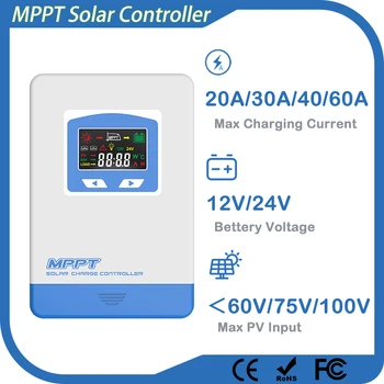 20A 30A 40A 60A MPPT Solar Charge Controller 12V 24V Auto Lifepo4 Battery Charger Max PV Input 100VDC LCD Solar Regulator
