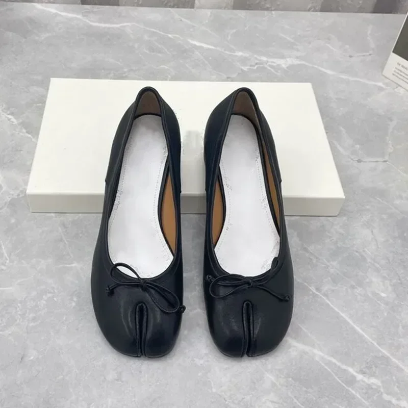 European and American Spring/Summer Split Toe Single Shoes Women's Mid Heel Shallow Mouth Sheepskin Pig Feet Shoes women shoes split toe shoes