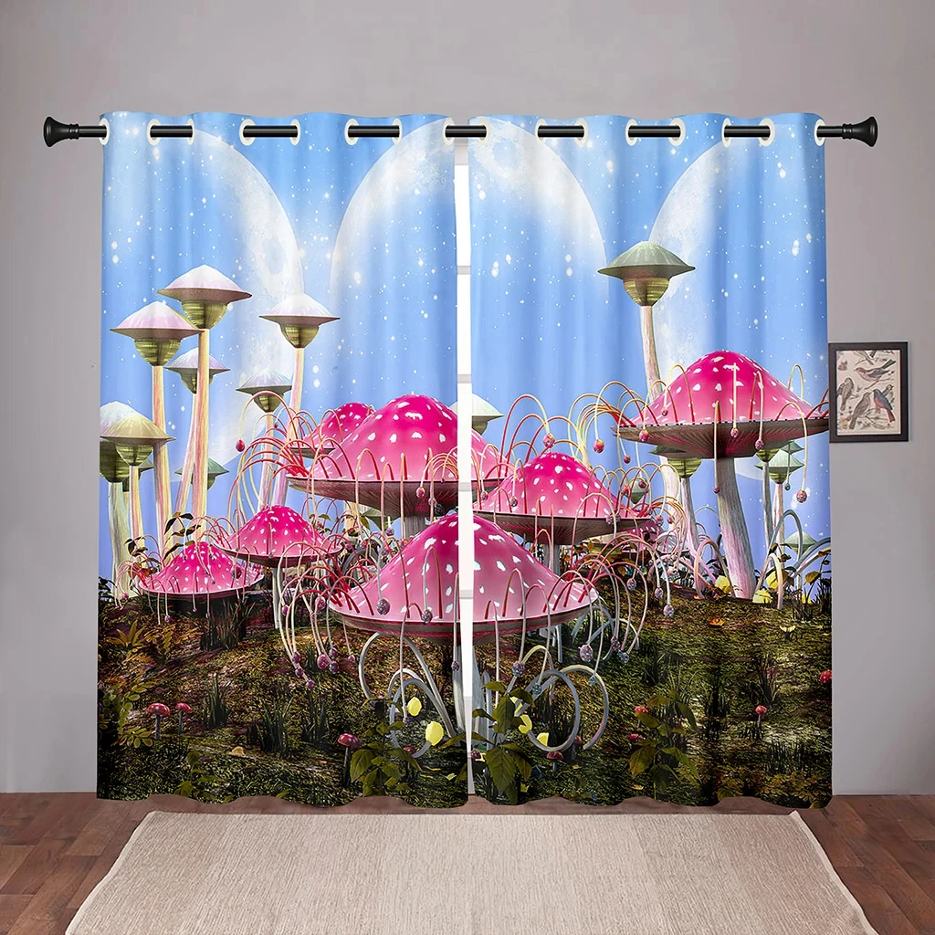 

Nature Mushroom Forest Dreamy Pink Blackout Window Curtain for Bedroom Living Room Bathroom Kicthen Door Hall High Shading New