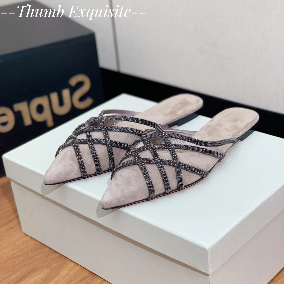 Women's flat shoes children's suede party shoes  summer chain beaded pointed slippers  casual and comfortable Mueller shoes