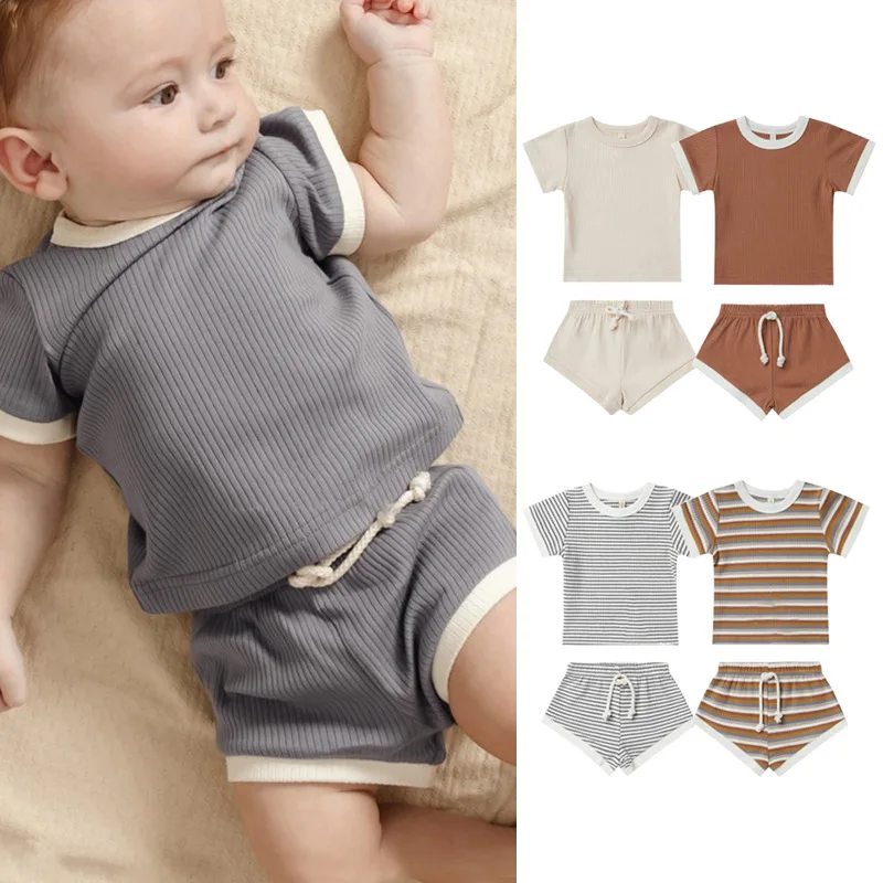 Description Picture 4 of item0-2Yrs Summer Striped Clothes For Newborn Baby Causal Cotton Short Sleeve  T-Shirts Shorts 2Pcs Summer Unisex Baby Clothing