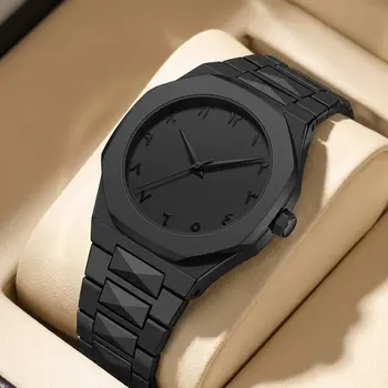 1pc All-Black Metal Chain Watch with Octagonal Bezel, Unique Markings, Simple and Stylish, Unisex, Trendy and Versatile