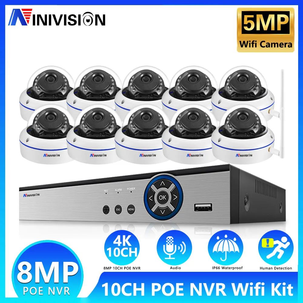 

10CH POE NVR HD 5MP Dome Wifi CCTV Camera System Audio Record Indoor P2P Wifi IP Security Camera Set Video Surveillance Kit