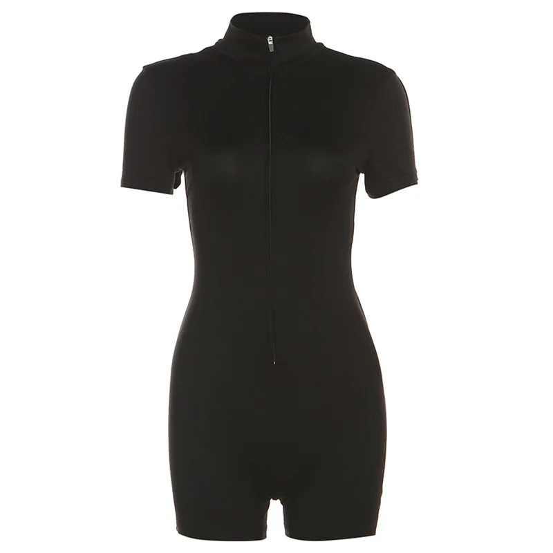 INSStyle Summer New Women's Fashion round Neck Short Sleeve Slim Zipper Sheath Casual JumpsuitCok