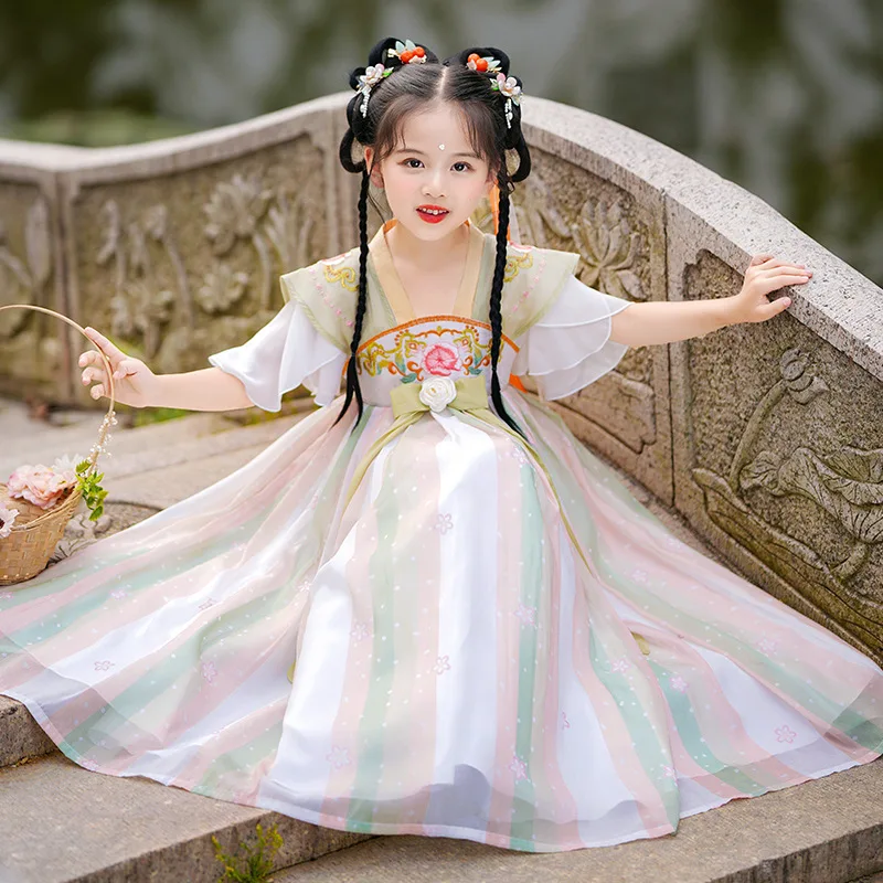 

Girls Hanfu Dress For Summer 2022 New Chinese Style Tang Suit Ancient Costume V-Neck Short Sleeve Patchwork Flower Dresses