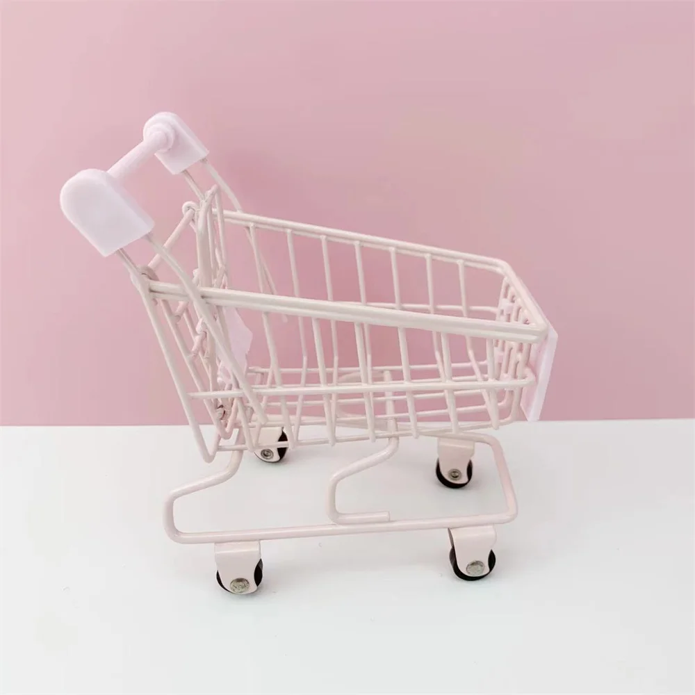 Creative Cute Desktop Storage Boxes Mini Shopping Car Storage Basket Sorting Basket Simulation Supermarket Hand Trolley Ornament